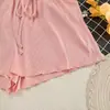 Comercio Exterior Europeo y Americano Verano Nuevo Suave Transpirable Tejido Rayas de Canalé Ombligo Manga Larga Pantalones Cortos Conjunto de Dos Piezas Ropa de Casa para Mujer