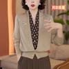 Cárdigan de punto de cuello en V de dos piezas falsas para mujer, suéter de manga larga, primavera, otoño, invierno, nuevo, cintura de madre, camisa de seda con lunares