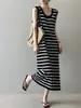 Vestido de tirantes largo de punto a rayas estilo francés Beishan Tongshu, nuevo vestido largo suelto de punto de verano P535