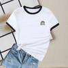 Transfronterizo 2025 Nueva Verano Cuello Redondo Color Contrastante Estampado Manga Corta Casual Ajustada Camiseta de Mujer Top Versátil