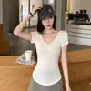 Camiseta básica de manga corta para mujer, mezcla suave y cómoda de Tencel y lana, cuello en V para verano, corte ajustado, top versátil