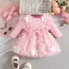 Vestido Romper de Tela de Punto Nueva para Bebé Niña Otoño Invierno con Parches de Malla de Mariposa de Tejido de Punto Color Sólido Manga Larga con Fruncidos de Encaje