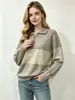 Atacado transfronteiriço direto da fábrica: Suéter feminino de outono e inverno com gola polo e zíper parcial, listras largas contrastantes, top de malha