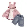 Nuevo Conjunto de Otoño para Niñas 2026: Conjunto Tres Piezas Dulce de Chaqueta, Camiseta Básica y Jeans para Bebés Niñas