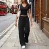 Conjunto de camiseta de cor sólida com decote V slim fit + calça reta de cintura alta com perna larga, conjunto casual de duas peças feminino elástico