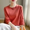 Primavera e Verão novo decote redondo 3/4 manga feminina 100 top casual cor sólida T-shirt mercerizado algodão desgaste interno