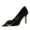 516-H31 Zapatos de tacón alto de aguja para mujer, de moda coreana, para banquetes, de gamuza, con punta baja y lazo de diamantes de imitación.