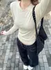 Camisa Base de Manga Larga para Mujer, Estilo Dulce y Picante, Cuello Semiabierto, Botones, Ajuste Delgado Casual, Hombro Normal, Top de Moda para Primavera y Otoño