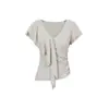 Camiseta feminina de verão estilo retrô francês 'hot girl' com decote V, babados irregulares, amarração e mangas curtas, top justo para mulheres