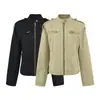 Chaqueta corta de estilo retro con cuello alto, lavada y desgastada para mujer, otoño casual versátil, top único con cremallera