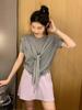 Camiseta de Punto Amarilla Estilo Academia de Manga Corta para Mujer Verano Pequeña Única Chic Conjunto de Dos Piezas con Top Chal