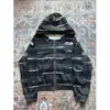 Moletom com zíper e capuz listrado pintado com efeito desgastado Y2K, cardigã vintage solto estilo high street subcultura, moletom estilo europeu e americano