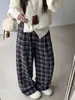 Pantalones retro de cuadros marrones estilo coreano para mujer, corte holgado, adelgazantes, de pierna recta, casuales, pantalones largos de pierna ancha de mezcla de lana para otoño e invierno