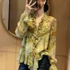 Camisa Estampada con Volantes y Mangas Acampanadas Estilo Retro Francés Nueva Primavera 2026 para Mujer, de Alta Gama, a la Moda y Elegante