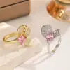Anillo de Lujo Ligero Transfronterizo con Moño de Circonita Rosa para Mujer, Anillo Abierto Ajustable, Anillo Dulce y Versátil de Diseño de Nicho