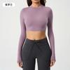 Sin Almohadilla en el Pecho, Ropa de Yoga de Cuello Redondo Alto, Camiseta de Manga Larga, Top Deportivo Corto Fitness para Mujer Color Piel Nude Daw173