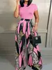 Comércio Exterior Transfronteiriço da Amazon Moda Europeia e Americana Feminina Terno Sem Mangas Estampado Versátil Calça Wide-Leg