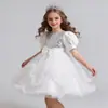 Vestido Princesa Tule Bufante com Laço de Lantejoulas para Meninas, Vestido de Gala Bufante com Manga Puff para Performance de Piano Infantil