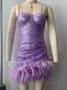 Vestido Transfronterizo Vestido de Noche para Mujer Ajustado de Un Solo Paso con Cinturón de Piel Sintética Vestido Lencero Morado con Lentejuelas