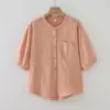 82609 Camisa de Algodón Gasa de Doble Capa con Bolsillo y Cuello Mao de Manga Media para Mujer 2026 Nuevo Top Blusa Casual de Verano