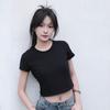Camiseta Cropped Gola Redonda de Algodão Puro de Alta Qualidade com Fio Duplo, Sexy, para Mulheres, Corte Slim, Valoriza a Silhueta, Mostra a Cintura