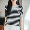 26 Nuevo de Primavera/Verano Lyocell Cuello Redondo Tejido Manga Corta Bloque de Color Rayado Estilo Coreano Bordado Dibujos Animados Moderna Camiseta para Mujer
