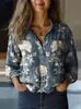 Fábrica de Origen 1688 Camisa de Mujer con Estampado de Flor de Ciruelo Vintage Holgada Cuello Solapa Blusa de Oficina Exclusiva para Venta Transfronteriza