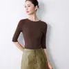 Suéter cor sólida sem costura outono precoce fino malha manga cinco quartos top malha feminina manga média camiseta slim fit camisa base atacado