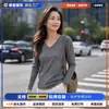 Fábrica de vestuário fonte outono novo plus size feminino gola V alta elasticidade canelado manga longa camiseta básica, feito sob medida a partir de imagens ou amostras fornecidas