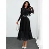 Comércio Exterior Roupas Femininas Amazon Transfronteiriço 2026 Novo Elegante e Estiloso Vestido Longo de Manga Longa com Bolinhas Slim Fit Gola Redonda com Laço
