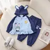 Lindo Conjunto de Conejo Policía para Bebé Niña Estilo Coreano Bordado de Dibujos Animados Dobladillo con Encaje Conjunto de Dos Piezas para Bebé al Aire Libre