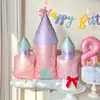 Decoração de festa de aniversário Castelo Rosa da Princesa Balão de filme de alumínio para bolo com base Layout infantil em pé Cidade dos Sonhos