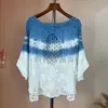 Top tie-dye para comercio transfronterizo, camisa de seda y lino tie-dye bordada de manga media con cuello camisero, cuello redondo, corte holgado, top estilizado y que estiliza