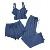 Popular Conjunto de Tres Piezas con Ribete de Encaje Transfronterizo: Camisola, Shorts, Pantalones Largos, Ropa de Dormir Elástica Ajustada para Mujer