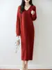 Vestido de Punto de Lana 100% con Cuello en V para Mujer en Otoño e Invierno Estilo Francés Holgado Interior Estilo Adelgazante Falda Larga Casual de Base