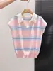 Blusa Tricô Polo Casual Estilo Coreano para Mulheres, Design Verão 2026 com Gola Lapela Listrada Color-Blocking e Mangas Levemente Bufantes