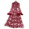 Vestido floral suave estilo francés para mujer, de manga larga, con cintura de corbata, falda de línea A, adelgazante y elegante, vestido largo, Otoño 2026