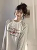 Camiseta de Manga Larga con Estampado de Letras Chic Coreano, Empalme de Color Contrastante, Moda Versátil Casual Perezoso, Top de Cuello Redondo Ins