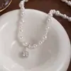 Collar de Perlas con Diamantes Cuadrados, Collar de Perlas Shijia, Gargantilla de Estilo de Nicho de Lujo Ligero Cadena para Suéter, Elegante Cadena para Clavícula para Mujeres, Moda