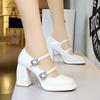 1868-K95 Zapatos de tacón alto y grueso estilo europeo y americano, plataforma impermeable, boca poco profunda, punta cuadrada, zapatos de tacón único con hebilla de correa, zapatos Mary Jane