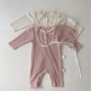 Ropa para Bebé, Ropa de Otoño para Niñas, Cuello Alto, Mameluco Waffle con Encaje de Tres Botones, Traje Largo para Gatear