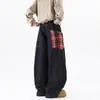 Jeans Vintage de Bolsillo Grande tipo Cimitarra para Hombres y Mujeres, Pantalones Anchos de Pierna Ancha con Retazos Vintage Rojos a Cuadros