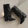 Botas de Pierna Recta de Cuero Genuino Retro para Mujer Punta Fina Caña Alta Arrugadas Tacón Grueso Botas de Montar con Cordones Botas Largas