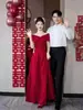 Vestido Largo Toast para la Novia en Otoño Francés de Gama Alta Pequeño Elegante Vestido de Noche Vestido Rojo de Compromiso para Mujeres