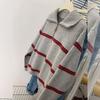 Suéter de punto con cuello polo y media cremallera a rayas para mujer, nuevo otoño e invierno 2024, estilo holgazán, suéter de punto