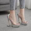 Sapatos de Salto Feminino Laço Europeu e Americano Raso Sapatos Femininos Strass Taça de Vinho Salto Grosso Transparente Bico Peixe Sapatos de Salto Alto