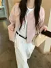 Toma real: Chaqueta de béisbol rosa, estilo coreano, versátil para ir al trabajo, abrigo corto de lana para mujer, chaqueta casual holgada 19553