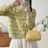 Nuevo Cardigan de Punto de Estilo Coreano de Moda con Diseño de Rayas Contrastantes, Cuello Redondo Holgado, Estilo Occidental de Doble Botonadura para Primavera y Otoño