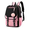 Mochila de moda bicolor con lindo colgante de pompón, hebilla de cincha, mochila escolar de estilo femenino, gran capacidad y mochila duradera