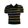 Estilo Preppy Americano Gola Polo Tricô Listrado Feminino Verão Novo Look Emagrecedor Look Emagrecedor Camiseta Branca Top de Manga Curta